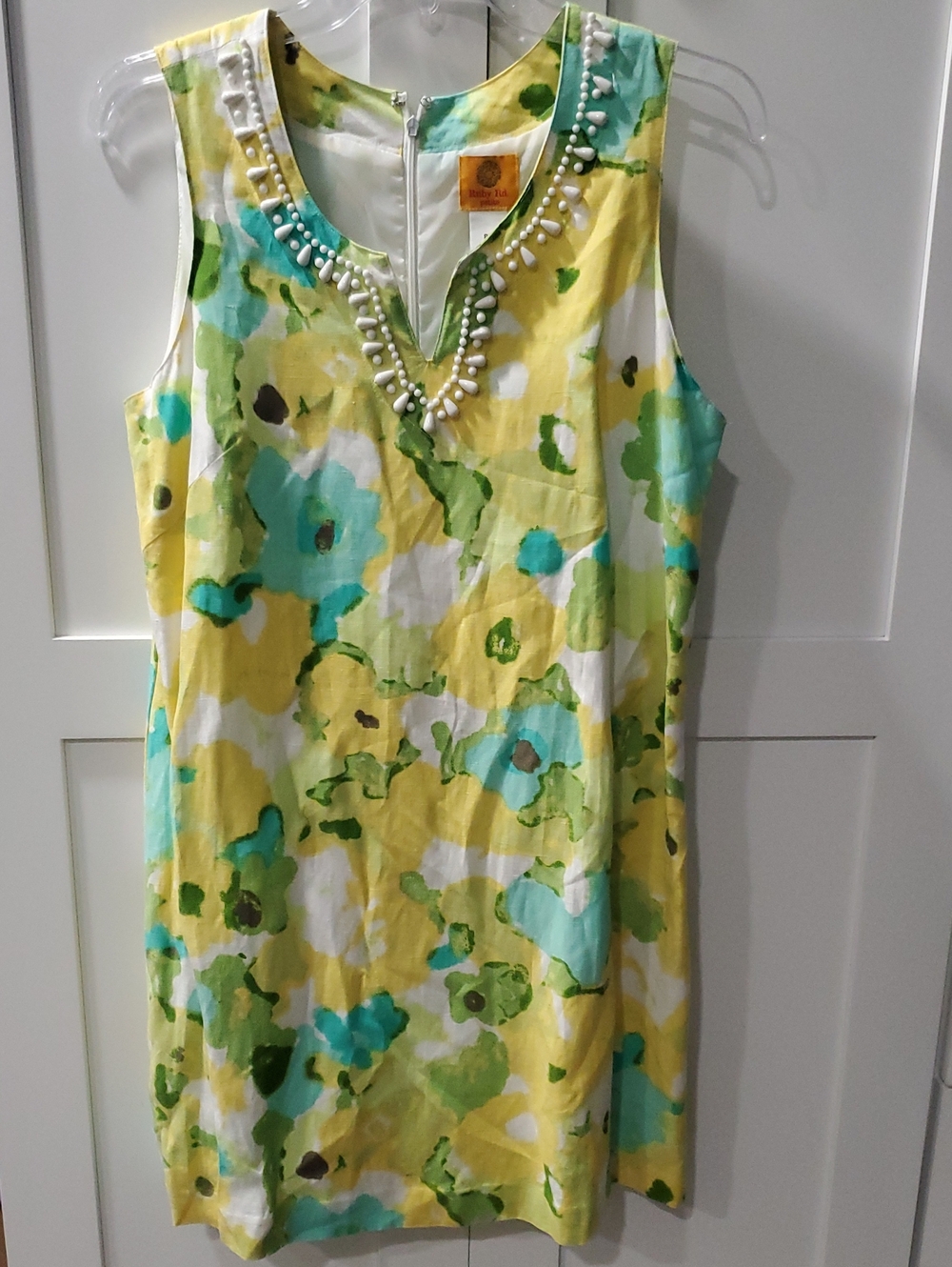 Sleeveless Yellow & Teal Floral Mini Dress with Embellished V-Neck 55% Linen